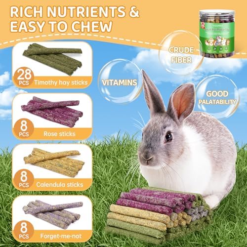 52Pcs Rabbit Chew Sticks, Guinea Pig Toys, Natural Timothy Teeth Stick