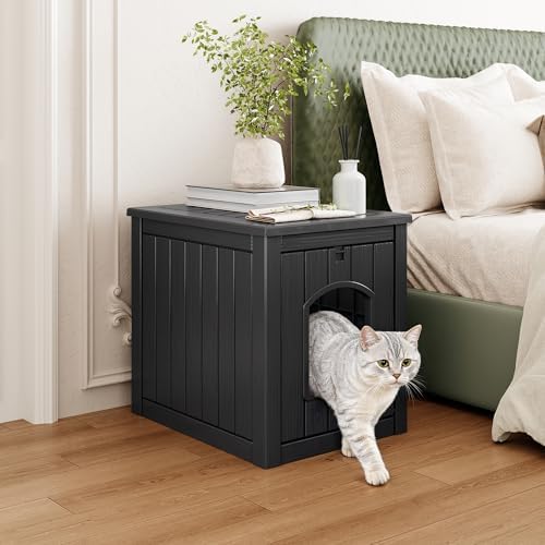 Cat Litter Box Enclosure, Plastic Hidden Litter Box Side Table with Openable Front Door, Waterproof & Weatherproof Cat Box Enclosure Cabinet for Indoor & Outdoor Use (Black)
