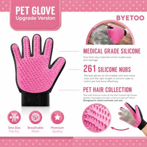 BYETOO Pet Dog Cat Grooming Glove with 261Tips,Gentle Deshedding Brush Glove,Efficient Pet Hair Remover Mitt,Massage Tool with Enhanced Five Finger Design,for Dog,Cat,Rabbit,Horse with Long/Short Fur