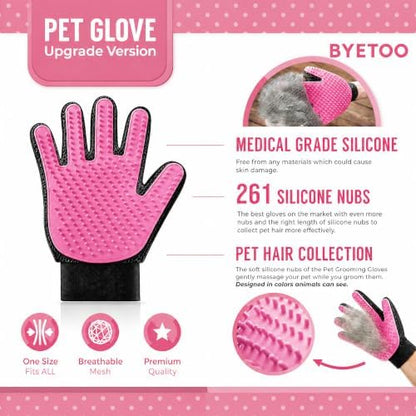 BYETOO Pet Dog Cat Grooming Glove with 261Tips,Gentle Deshedding Brush Glove,Efficient Pet Hair Remover Mitt,Massage Tool with Enhanced Five Finger Design,for Dog,Cat,Rabbit,Horse with Long/Short Fur