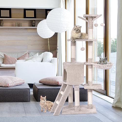 PETSITE 56 Inches Cat Tree for Indoor Cats, Multi-Level Cat Tower with Sisal Scratching Posts and Ladder, Tall Cat Tree with Top Perch, Hammock, Cat Condo & Jumping Platforms for Cats Kittens