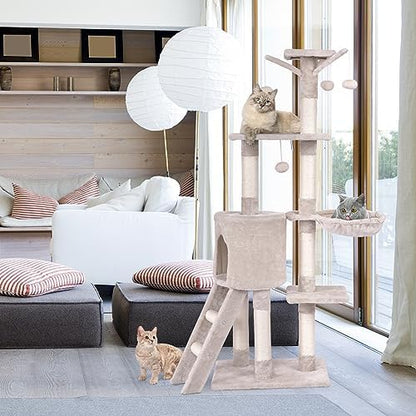 PETSITE 56 Inches Cat Tree for Indoor Cats, Multi-Level Cat Tower with Sisal Scratching Posts and Ladder, Tall Cat Tree with Top Perch, Hammock, Cat Condo & Jumping Platforms for Cats Kittens