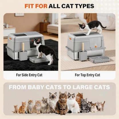 Extra Large Enclosed Stainless Steel Litter Box with Lid，Side Entry Top Exit High Sided Metal Cat Litter Pan，Non-Stick Easy Cleaning Anti-Urine Leakage for Big Cats，Includes Scoop & Step, Grey