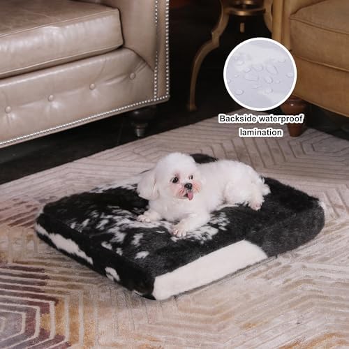 Bedfolks Waterproof Crate Bed, Plush Dog & Cat Bed with Removable Washable Cover, Faux Fur Kennel Pad, 21"x13", Black-White Cowhide
