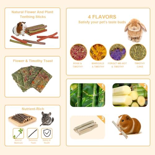 70PCS Rabbit Bunny Guinea Pig Chew Toys Treats, Chinchilla Hamster Chews Toys for Teeth, Timothy Hay Chips Treats Sticks for Rabbit Guinea Pig Chinchilla Hamster Rat
