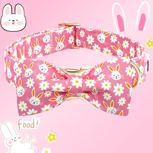 Easter Dog Collar-Pink Rabbit Adjustable Cute Pet Collar Soft Pink Flower Dog Collars with Bow Tie Holiday Cotton Metal Buckle Puppy Collar Gift for X-Large Dogs