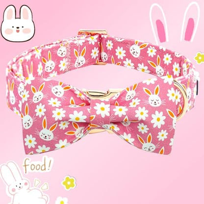Easter Dog Collar-Pink Rabbit Adjustable Cute Pet Collar Soft Pink Flower Dog Collars with Bow Tie Holiday Cotton Metal Buckle Puppy Collar Gift for Small Dogs