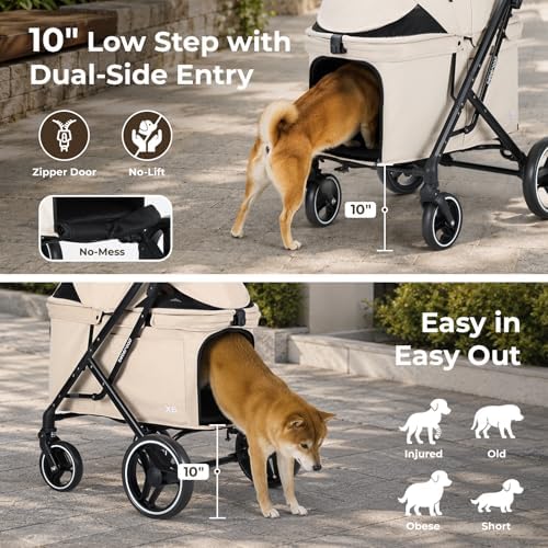 X6 Pet Stroller for Medium Large Pets Up to 70Lbs, Beige