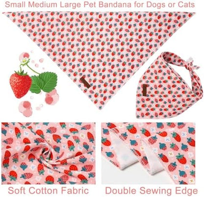Summer Dog Bandana, UP URARA PUP Strawberry Triangle Bid Scarf for Medium Large Dogs, Cotton Kerchief for Girl Boy Puppies, Cute Spring Bandana,S