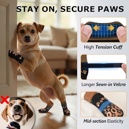 Socks for Dogs to Prevent Licking - Double Side Dog Booties for Hardwood Floors, Dog Booties and Paw Protectors, No Twist Dogs Socks for Hot Pavement, Black and Caramel, XXL