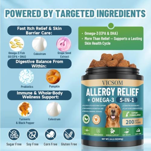 Dog Allergy Chews with Human-Grade Omega 3, Itch Relief Multivitamin 200ct