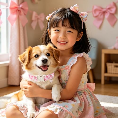 Pink Bow Dog Collar, Summer Cotton Adjustable Pink Bow and Flower Pattern Collar with Cute Pendant, Soft Comfortable Puppy Collar for Small Medium Large Dogs Girls