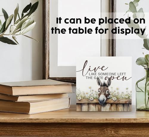 Donkey Decor Signs,Farm House Cottagecore Animal Wooden Signs,Rustic Farmhouse Live Like Someone Left The Gate Open Wood Sign,Donkey Animal Office Bedroom Kitchen Decor,6x6