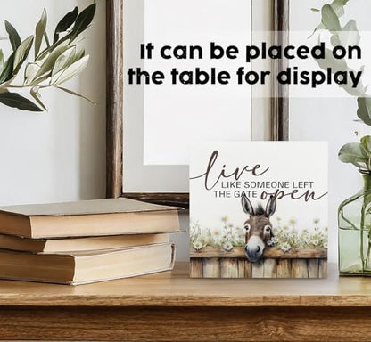 Donkey Decor Signs,Farm House Cottagecore Animal Wooden Signs,Rustic Farmhouse Live Like Someone Left The Gate Open Wood Sign,Donkey Animal Office Bedroom Kitchen Decor,6x6