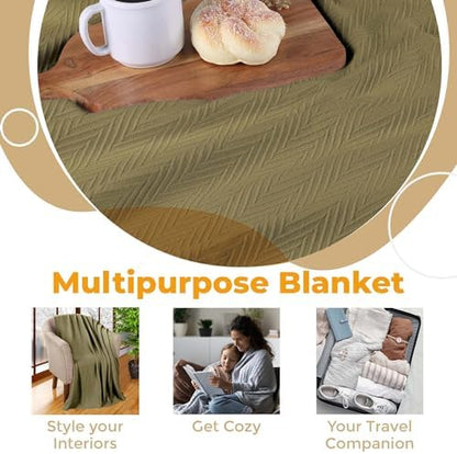 Superior Metro All-Season Cotton Blanket, Woven Blanket for Couch, Bed, Bedding, Farmhouse, Home Essentials, Cute and Cozy Bohemian Blankets, Herringbone Weave, Twin Size, Sage