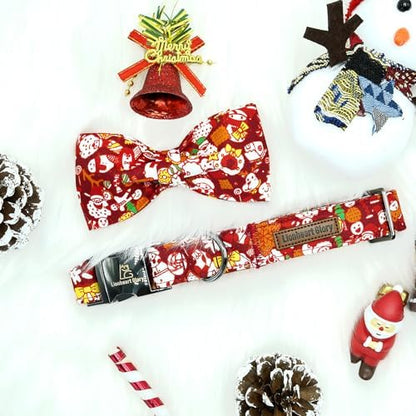Lionheart glory Dog Bow Collar Red Christmas Santa Deer Print Dog Collar for X-Small Dogs Adjustable Soft Sturdy Girl or Boy Collars with Bowtie Puppy Collar Bows