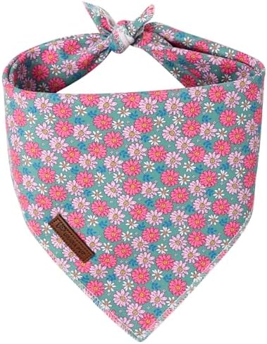 Summer Dog Bandana, UP URARA PUP Chamomile Triangle Bid Scarf for Medium Large Dogs, Cotton Kerchief for Girl Boy Puppies, Cute Spring FloralBandana,L