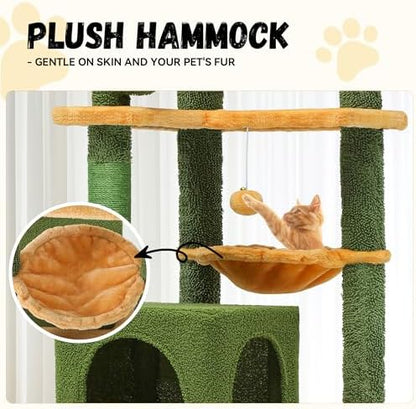 DWVO Cactus Cat Tree for Large Cats: 60" Tall with Self-Grooming Brush, Cute Kitten Climbing Tower for Indoor Kittens with Cat Condo, Top Perch, Basktet, Sisal Scratching Posts, Dangling Ball