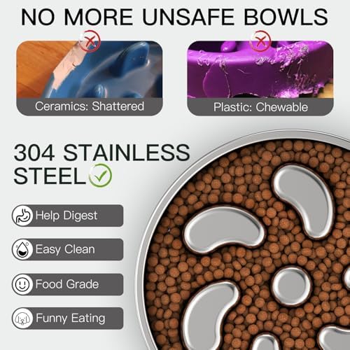 Feedoo Slow Feeder Dog Bowl-3Cups for Large Breeds, Double Wall Food-Grade Stainless Steel, Heavy Duty with Non-Slip Rubber Base, Puzzle Maze Bowl to Slow Down Eating