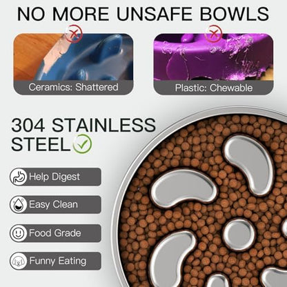 Feedoo Slow Feeder Dog Bowl-3Cups for Large Breeds, Double Wall Food-Grade Stainless Steel, Heavy Duty with Non-Slip Rubber Base, Puzzle Maze Bowl to Slow Down Eating