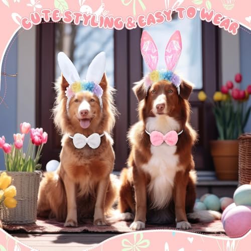 Weewooday 3 Set Dog Bunny Ears Easter Costume, Dog Headband Cat Rabbit Ear Hat Cute Pet Bow Collar Puppy Tail for Pet Easter Party Costume Accessories Supplies(Flower)