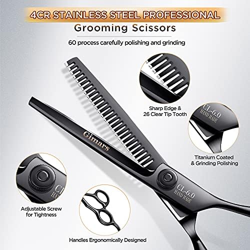 Gimars 7inch Professional 4CR Stainless Steel 6 in 1 Grooming Scissors for Dogs with Safety Round Tip, Heavy Duty Titanium Coated Pet Grooming Scissor for Dogs, Cats and Other Animals