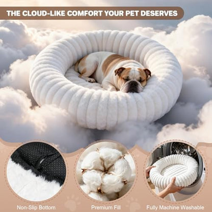 Donut Dog Bed for Small & Medium Dogs, Pet Bed with Non-Slip Bottom, Winter Comfort Dog Beds for Puppies, Washable & Portable Egg Tart Shape (M) Medium Dog Bed self Warming