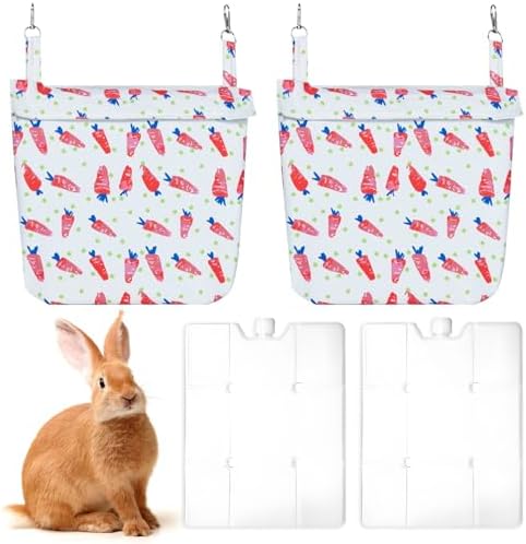 Hamiledyi Rabbit Cooling Pouch with Ice Pack - No Condensation Pad for Bunny Cage Accessories, Washable Cooling Mat for Small Animals,Ferret, Guinea Pig, Chinchilla(Carrot Pattern, 2kits)