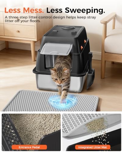 GTPLAYER XXL Stainless Steel Cat Litter Box with Lid, High Sided Enclosed Cat Litter Box, Activated Carbon Odor Control, Extra Large Metal Litter Box, Anti-Leak, with Mat & Scoop, Carbon Black