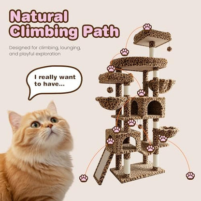 SHA CERLIN 82 inch Cat Tree Tower, Multi-Level Cat Condo with Plush Perches, Sisal Scratching Posts, Hammock and Toys, Stable Cat Tower for Kittens and Adult Cats, Leopard Print