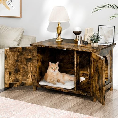 Shintenchi Cat Litter Box Enclosure, Litter Box Furniture Cabinet Hidden with Removable Divider, Wooden Cat House with End Table, Brown, 31.5 inch