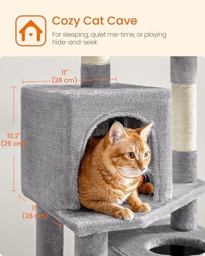 Feandrea Cat Tree, 59.5-Inch Tall Cat Tower, Multi-Level Condo, Light Gray