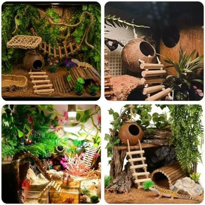 Crested Gecko Tank Accessories, Reptile Bridge and Plants with Coconut Shell Ladder Hideout, Natural Terrarium Decor for Lizard, Chameleon, Leopard Gecko, Snake, Hermit Crab and Tortoise (Group C)
