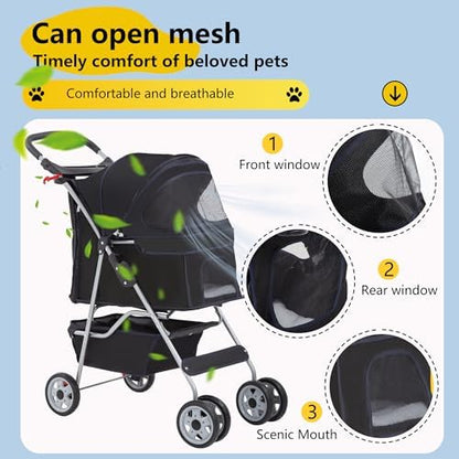 FDW Pet Stroller 4-Wheel Dog Cat Stroller Travel Folding Carrier Puppy Stroller with Cup Holder and Removable Liner for Small Medium Dogs Cats, Black