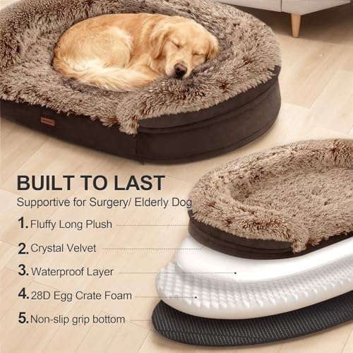 iweepet Fluffy Orthopedic Dog Beds for Large & Extra Large Dogs, 41" Calming Dog Sofa Bed with Supportive 28D Egg-Crate Foam, Removable Washable Cover, Waterproof Lining, for Puppy,Senior,Sick