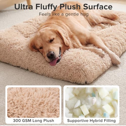 JOEJOY Large Dog Bed Crate Pad, Deluxe Plush Washable Dog Beds Fulffy Soft Kennel Pad Anti-Slip Pet Sleeping Mat for Large Medium Small Dogs, 35" x 23", Beige