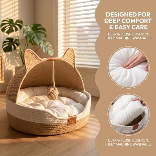 Cat Bed Basket for Indoor Cats with Cat Ear Cover Design