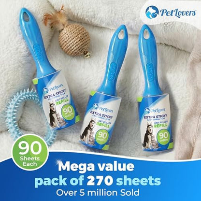 PetLovers Extra Sticky Lint Roller Value Set 270 Sheets for Pet Hair Removal and Clothes, Dog and Cat Lint Remover, 3 Pack