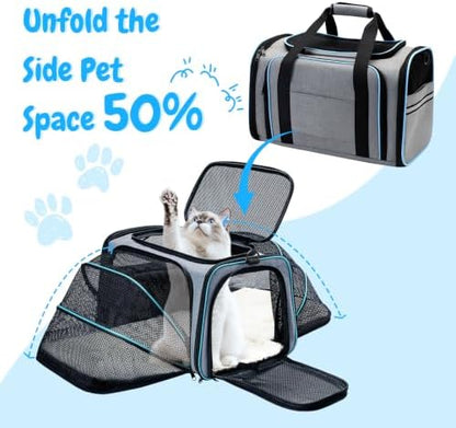 Double Expandable Cat Carrier,Airline Approved Soft-Sided Pet Travel Carrier for Small Dogs Cats under 15 lbs,Waterproof 600D Oxford Fabric with Washable Replacement Liner,Odor-Free & Claw-Proof(Blue)