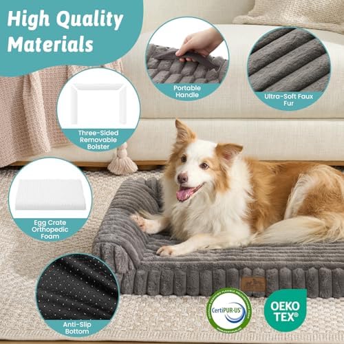 COZY KISS Ultra Soft Faux Rabbit Fur Dog Bed for Small Dogs – 30"x20" Orthopedic Foam Couch, Removable Washable Cover & Waterproof Lining, Grey