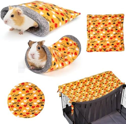 NAPLORD Small Pet Fleece Set,Guinea Pig Snuggle Sack, Tunnel,Fleece Forest Hideout,Square and Round Potty Pads for Guinea Pigs and More