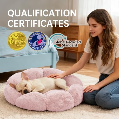 OhGeni 20 inches Calming Donut Dog & Cat Bed for Small Pets, Warming Comfort Fluffy Short Pile Fur, Durable Machine Washable Round Bed, Cute Round Bed for Puppy and Kitten, Pink