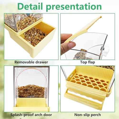 Hamiledyi Automatic Bird Feeder No Mess Bird Cage Feeder Transparent Acrylic Parrot Seed Food Container with Perch Cage Accessories for Parakeet Finch Lovebirds Budgies Canary (Yellow)