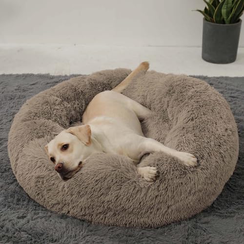 HACHIKITTY Calming Donut Cuddler Dog Bed, Round Fluffy Pet Bed with Sewn-in Cushion for Large Dogs,Washable, Large, Taupe, 30''