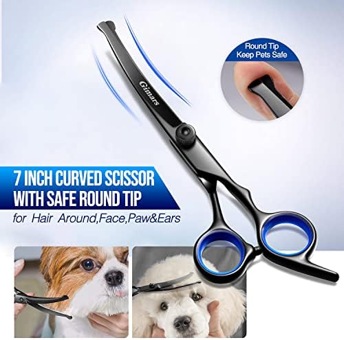 Gimars Dog Grooming Scissors Kit Professional 4CR with Safety Round Tip, 5 in 1 Heavy Duty Titanium Coated Thinning & Curved & Straight Shears