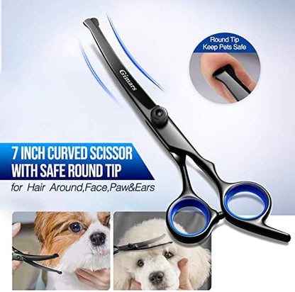 Gimars Dog Grooming Scissors Kit Professional 4CR with Safety Round Tip, 5 in 1 Heavy Duty Titanium Coated Thinning & Curved & Straight Shears