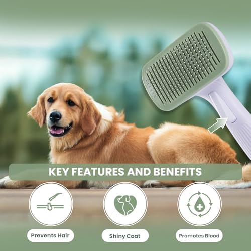 Self- Cleaning Slicker Brush for Dogs Suitable for Short & Long Haired Dogs and Effective Deshedding for Pet Grooming, Undercoat Removal, Tangle-Free Fur, Skin-Friendly Tool for Healthy Coat
