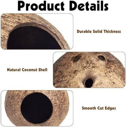PINVNBY 2 Pcs Natural Coconut Shell Reptile Hideouts Crested Gecko Tank Accessories for Small Lizard Leopard Gecko Spider Snail Hermit Crab Hideout