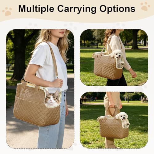YooxArmor Dog Purse Carrier for Small Dogs & Cats, Foldable Soft Tote for 5-14lbs Pets, Large Pockets, Safety Leash & Removable Mat for Walking Shopping Outdoor, Khaki