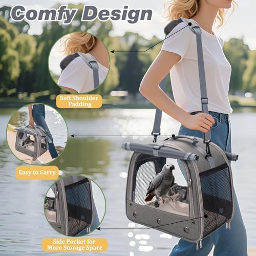 Bird Carrier Parrot Travel Cage with Perch, Food Bowl, Tray and Breathable Clear Window, Bird Travel Bag for African Gray Cockatiel Caique Conure Quaker, for Vetting Camping Hiking (Gray)